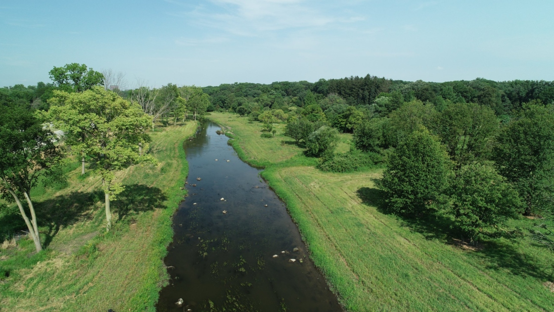 Aerial image of Dupage River after restoration