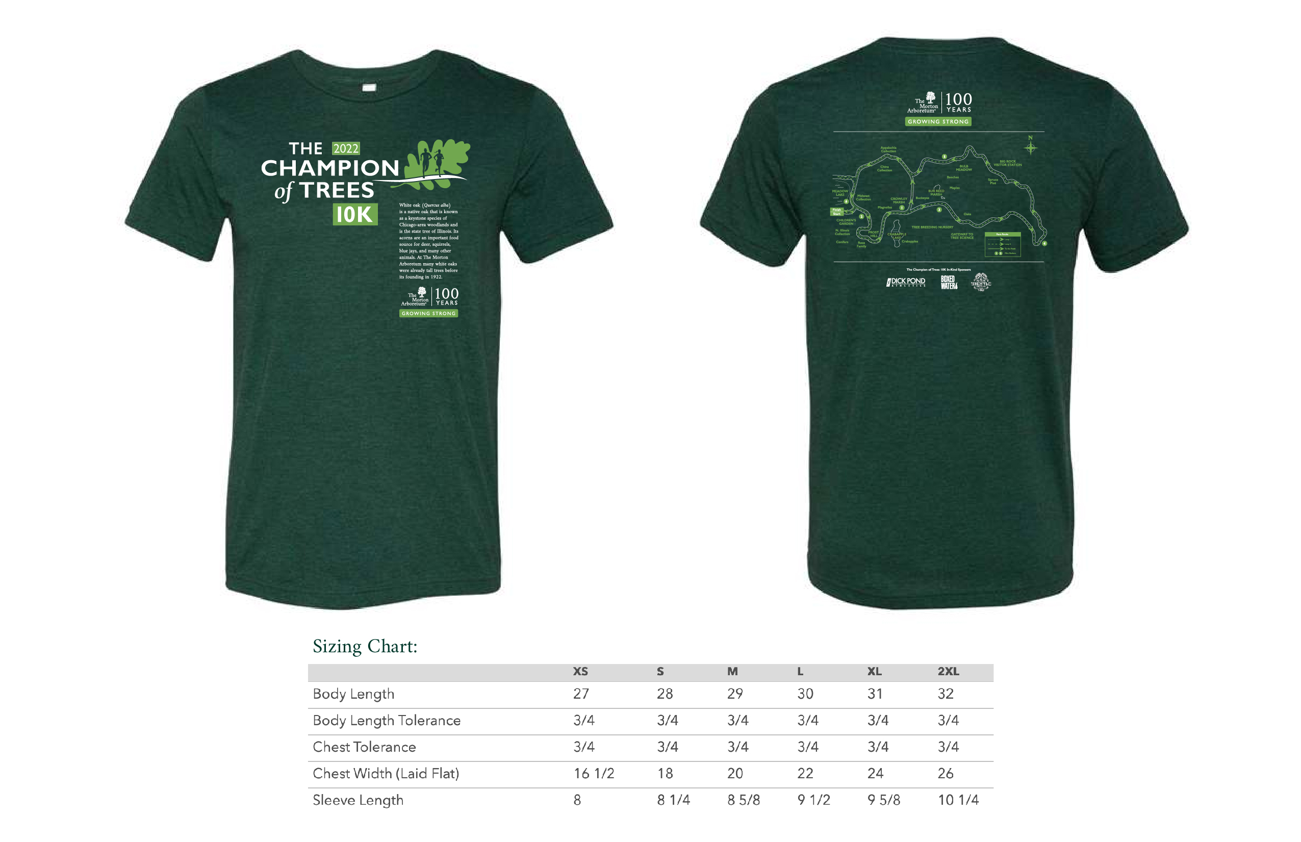 Champion of Trees 10K T-Shirt design and sizing chart