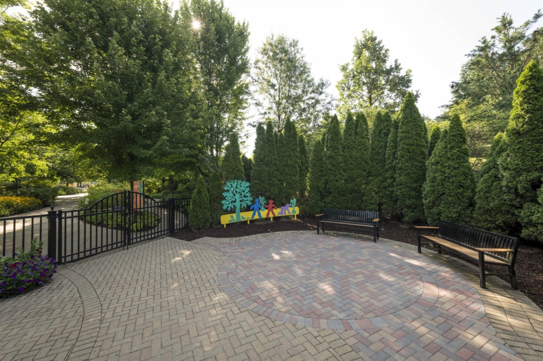 Celebration circle donor brick patio outside of the Children's Garden