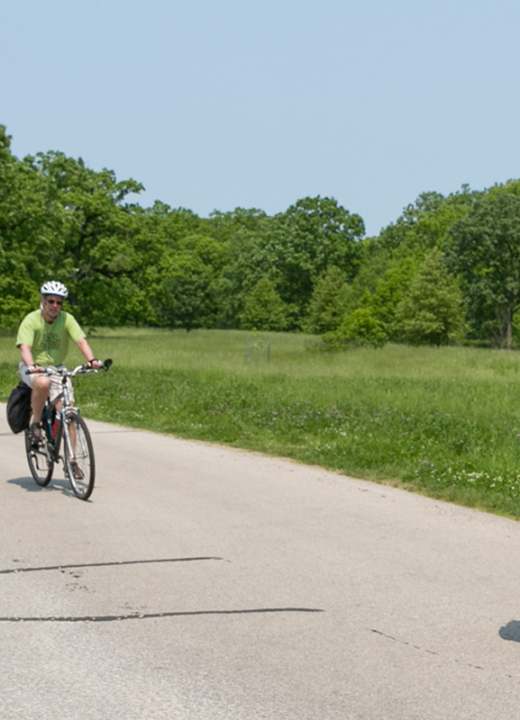 Photograph of two visitors biking on a paved trail at The Morton Arboretum