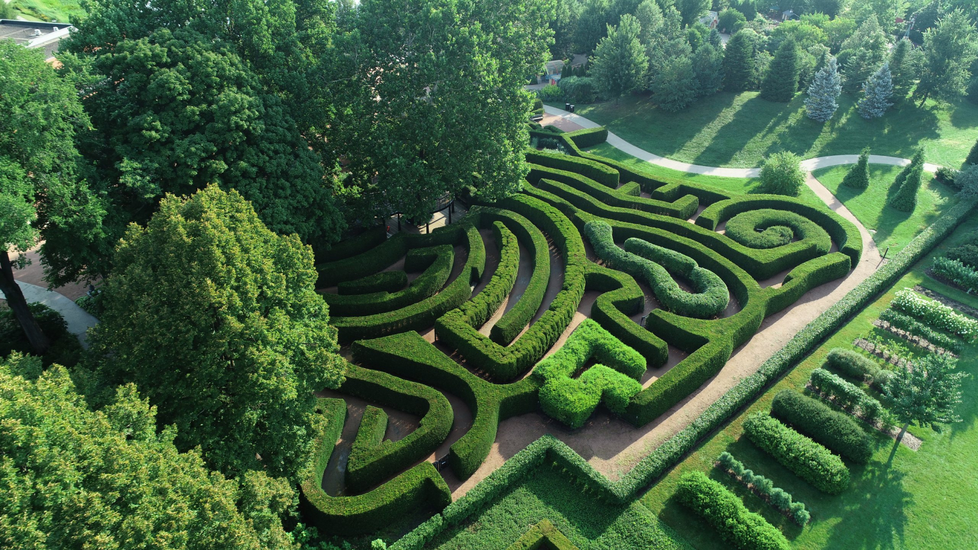 Aerial view of the maze garden in the summer.