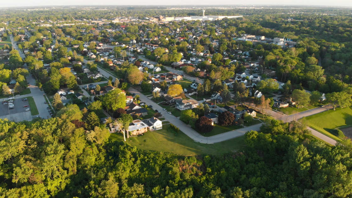 Overhead image of suburban neighborhood with trees