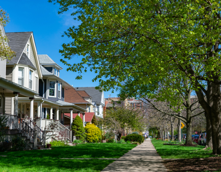 Sidewalk with homes and street trees