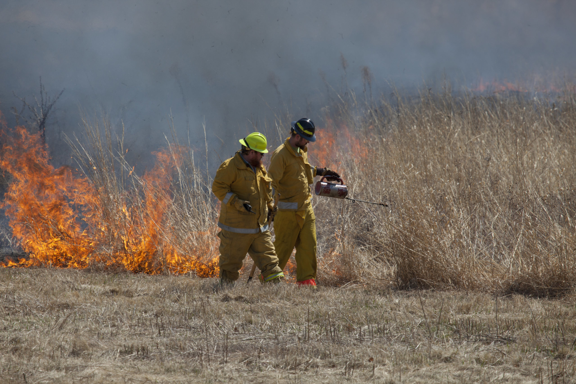 Two workers monitoring a prescribed burn.