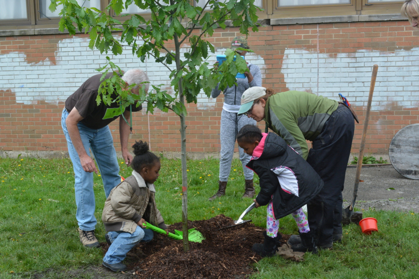 Volunteers working with children to plant trees