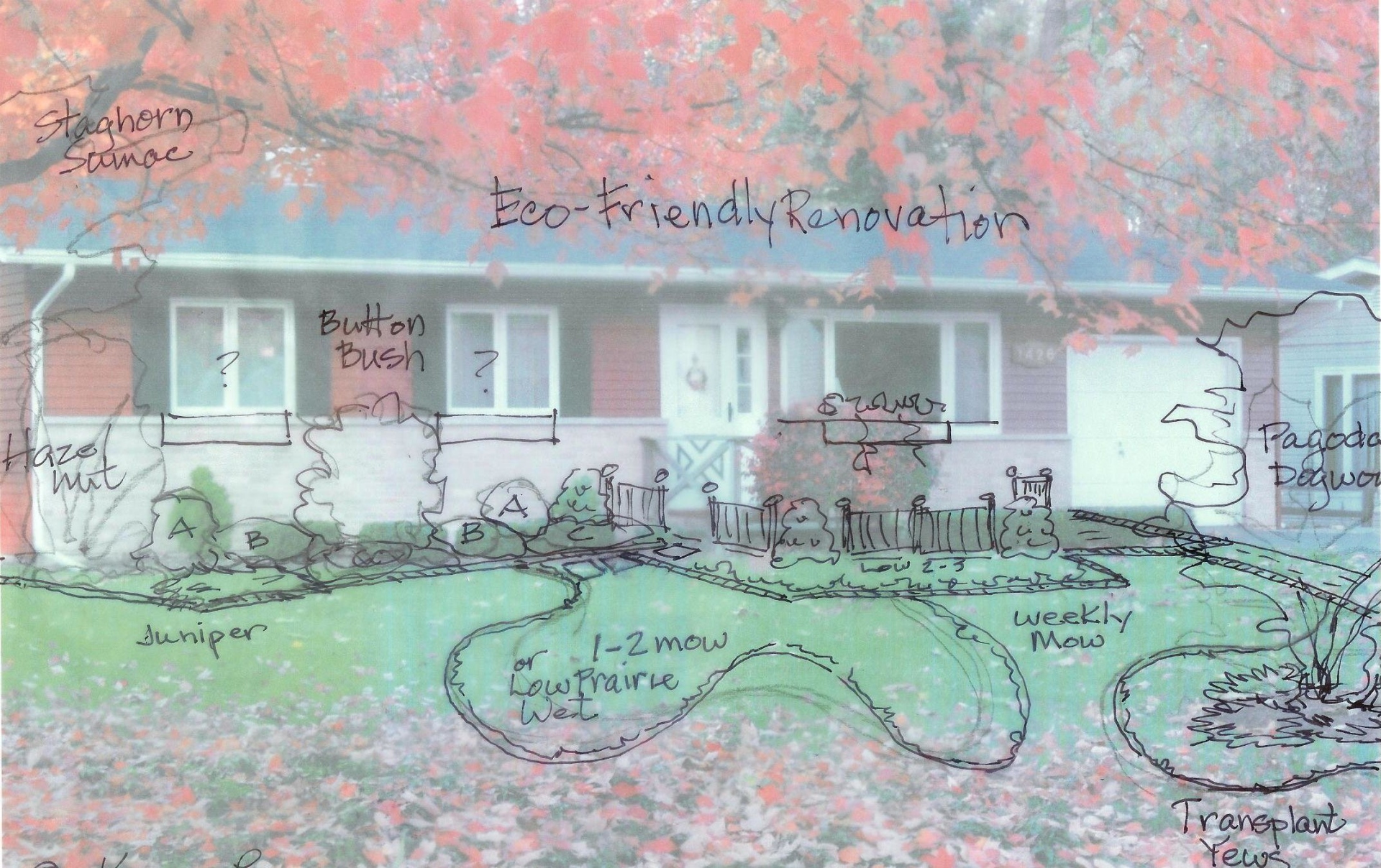 Garden design map layered over a photo of a house.