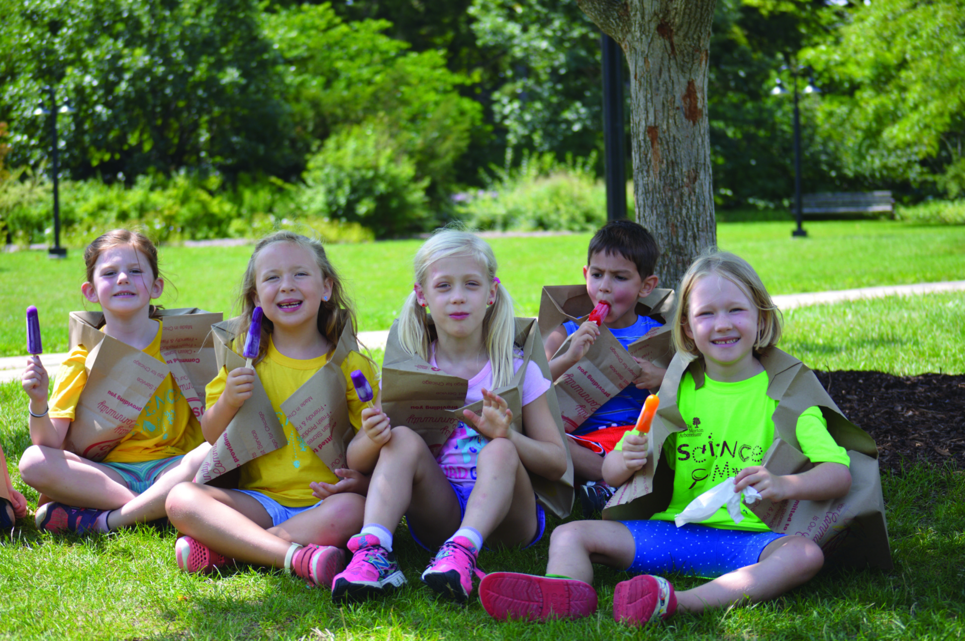 Group of summer science camp kids eats popsicles