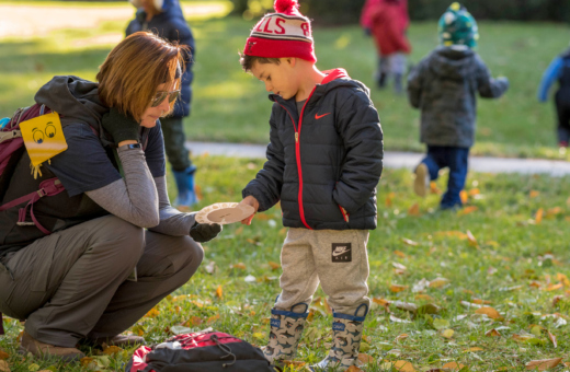 A child works with a teacher to learn types of leaves.