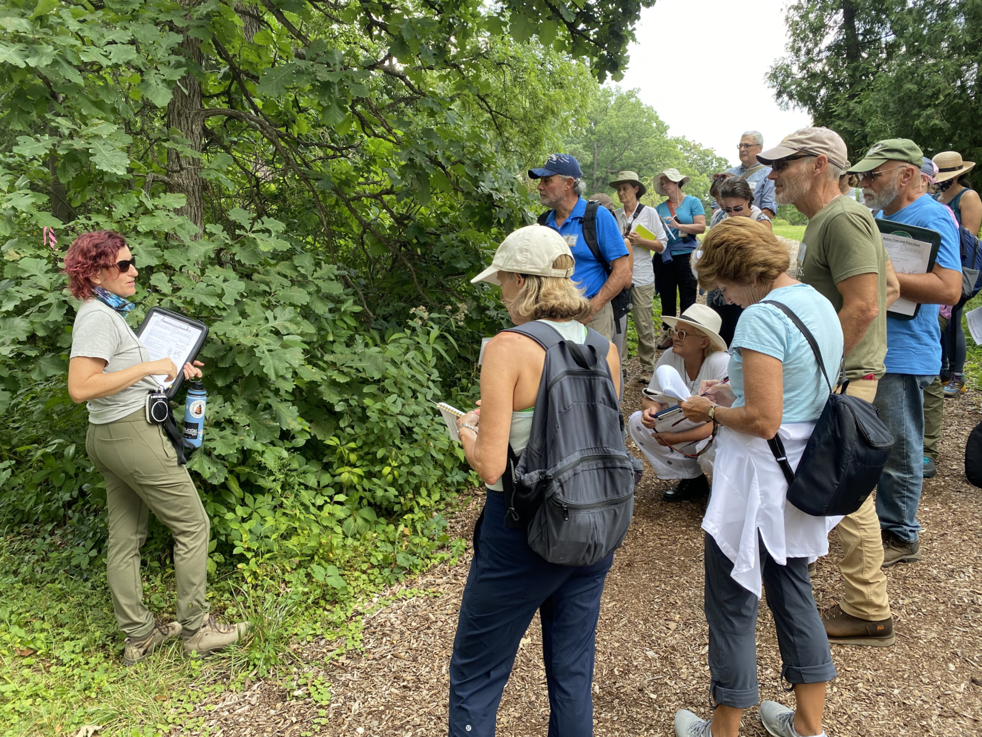 Photo of class on a walking tour of plant health signals led by Arboretum educational program guide