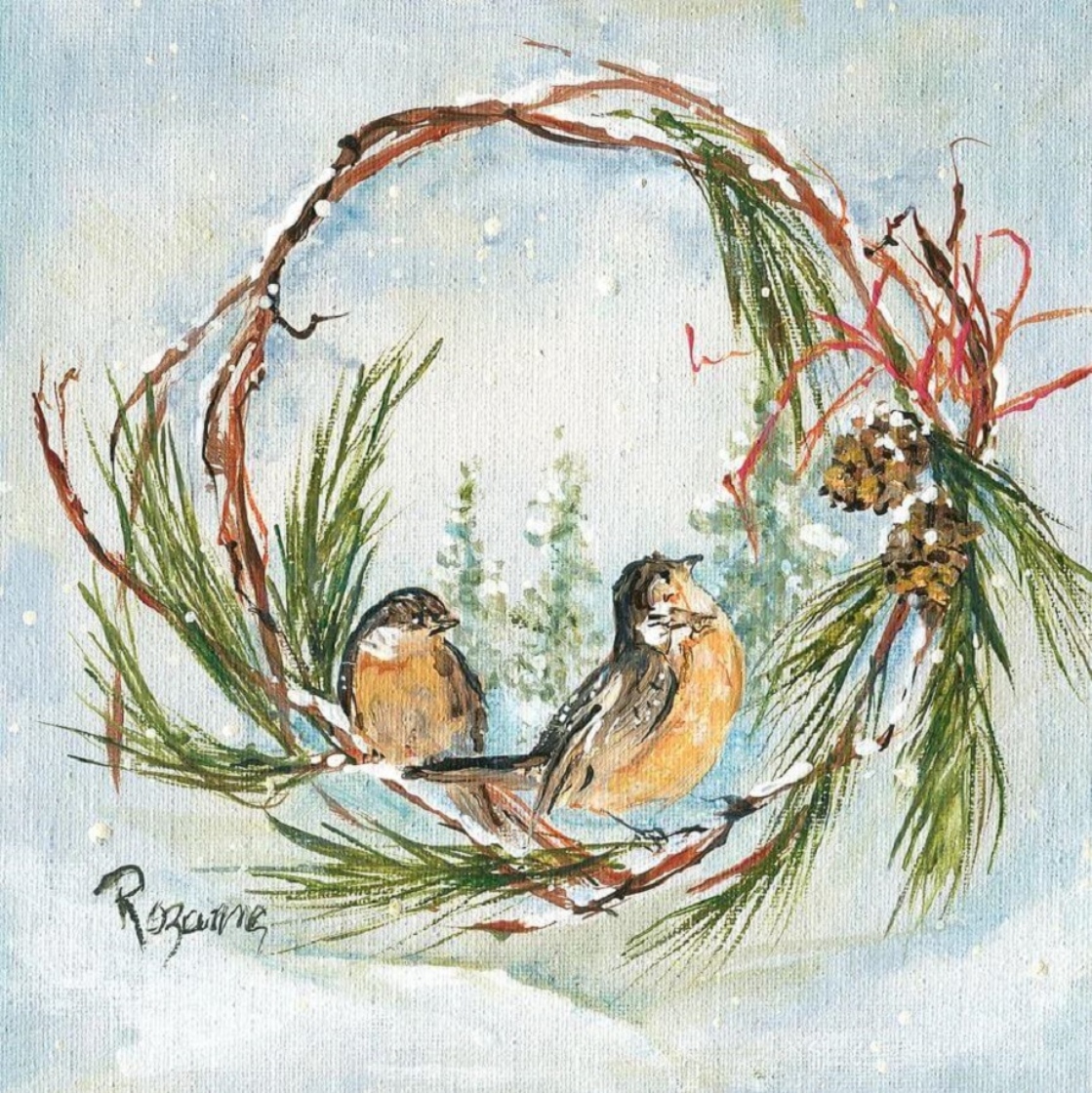 Painting of chickadees in a seasonal wreath by Rozanne Priebe