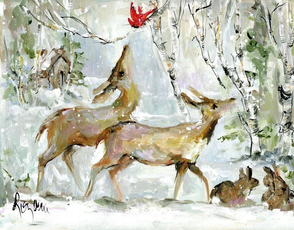Painting of two deer in a winter forest by Rozanne Priebe