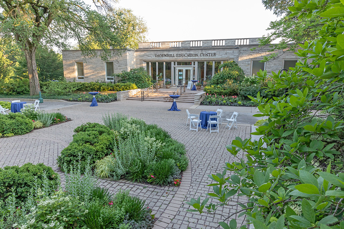 Cocktail tables set up outside of Thornhill Education Center