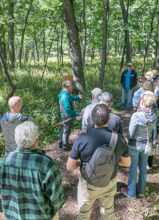 Kris Bachtell leads a group on a hike to learn about oaks and their connection to the making of whiskey.