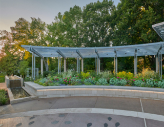 Centennial Plaza flower beds and fountain