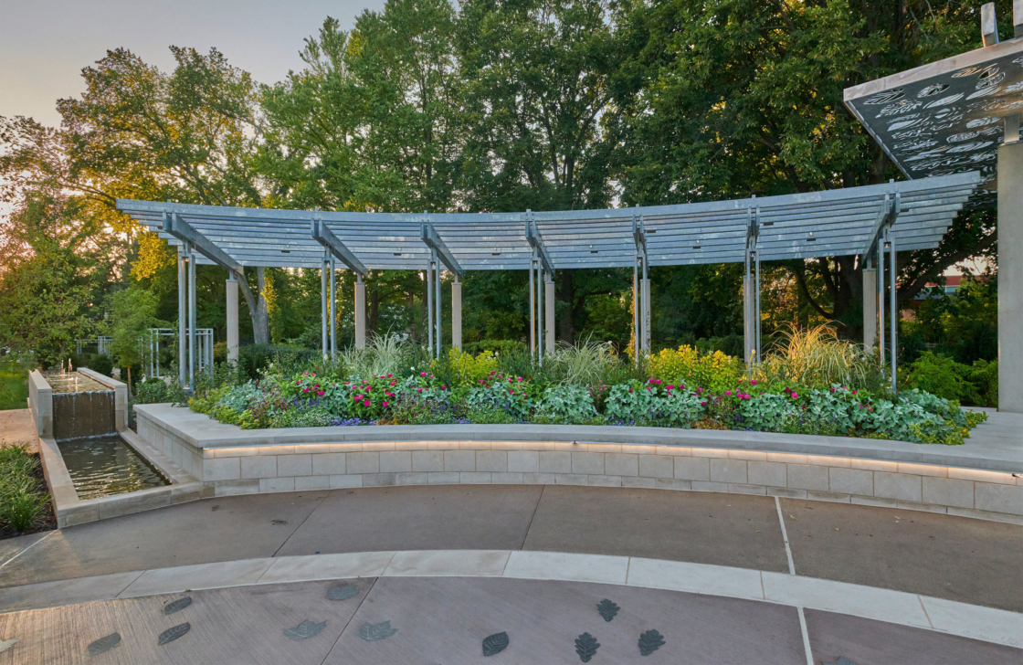 Centennial Plaza flower beds and fountain