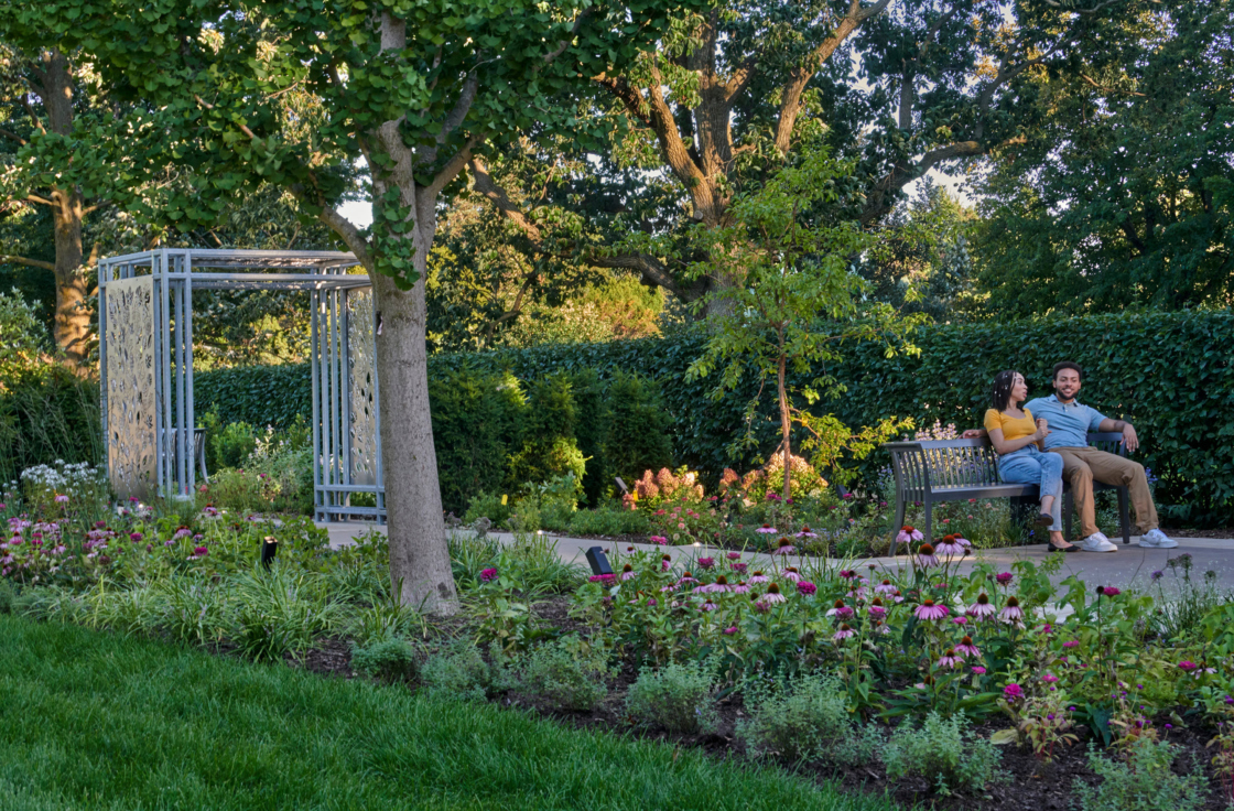 Ample seating invites guests to enjoy the tranquil spaces together or in peaceful solitude.