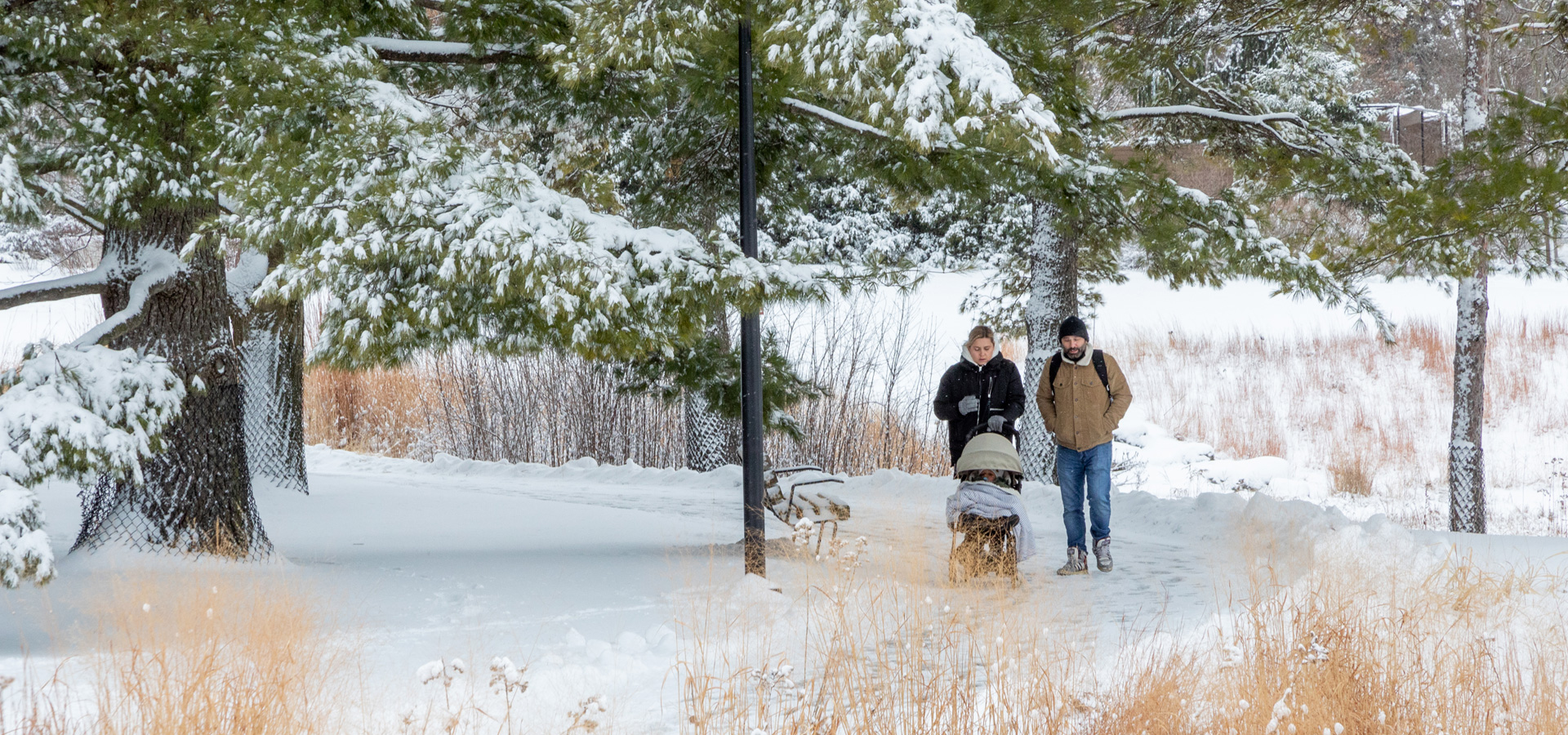 Couple walks around Meadow Lake with a stroller in winter