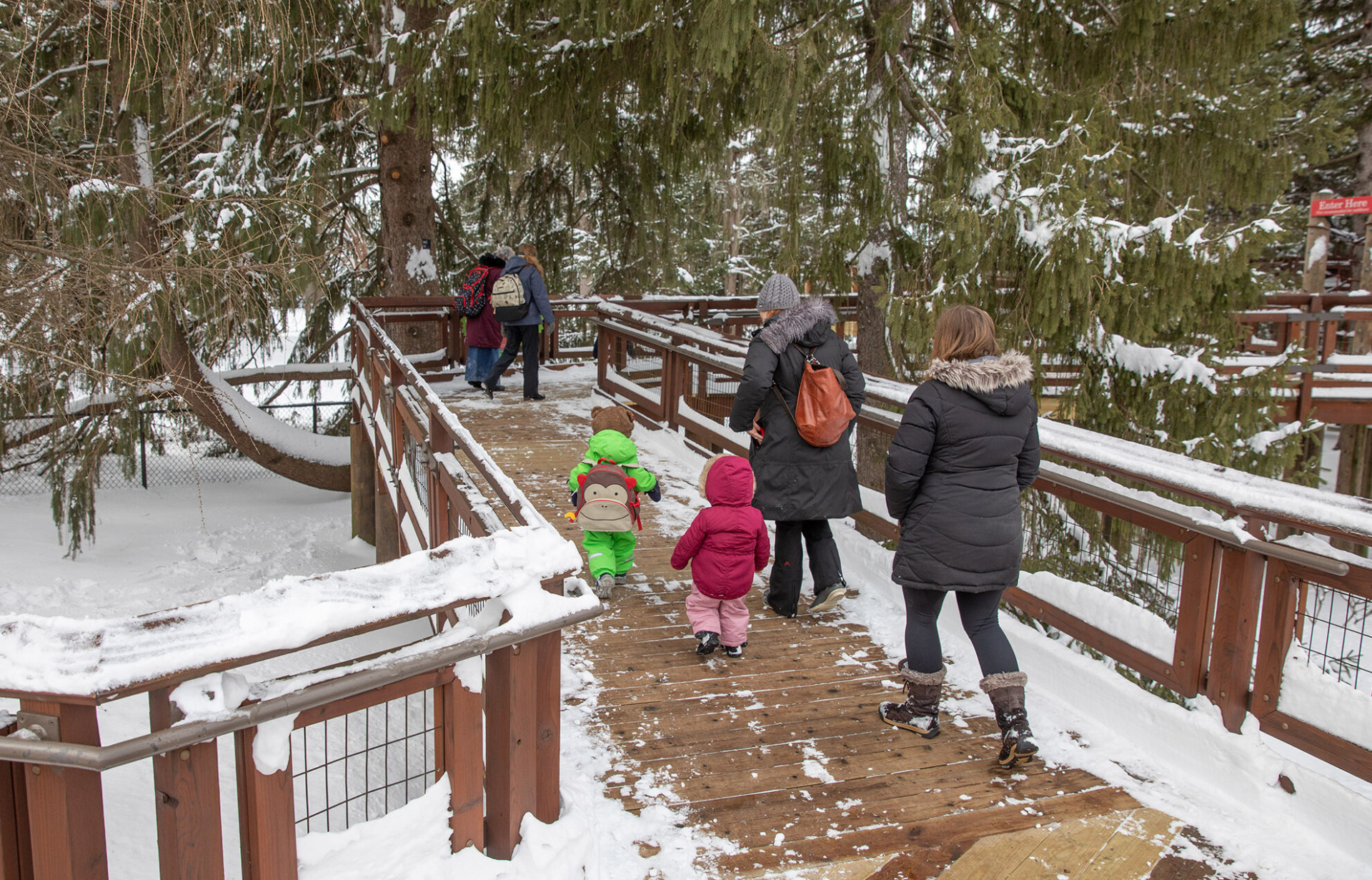 Children and their parents exploring the children's garden with arboretum guides in winter.