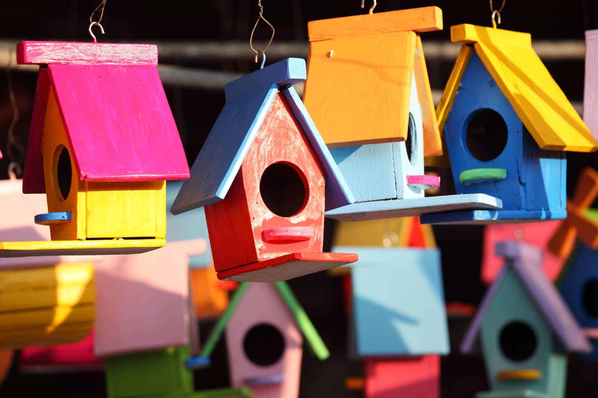 An assortment of colorful bird houses hanging from wires.