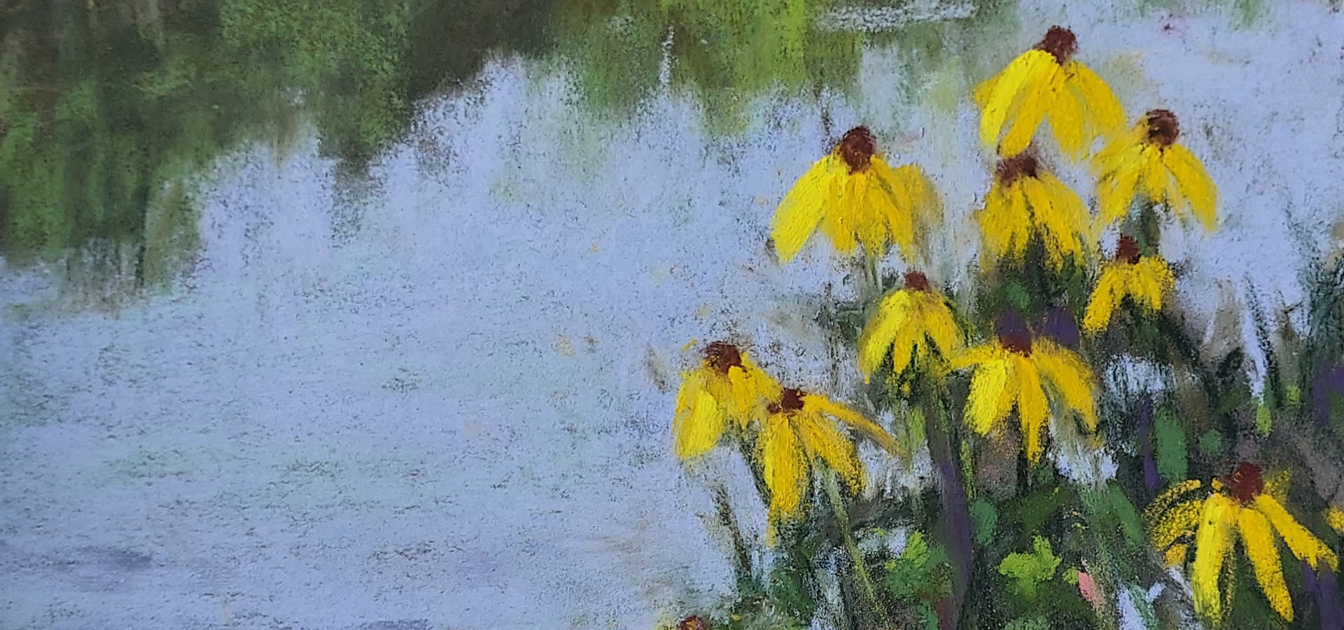 Painting Expressive Wildflowers in Pastel, coneflowers along the water.