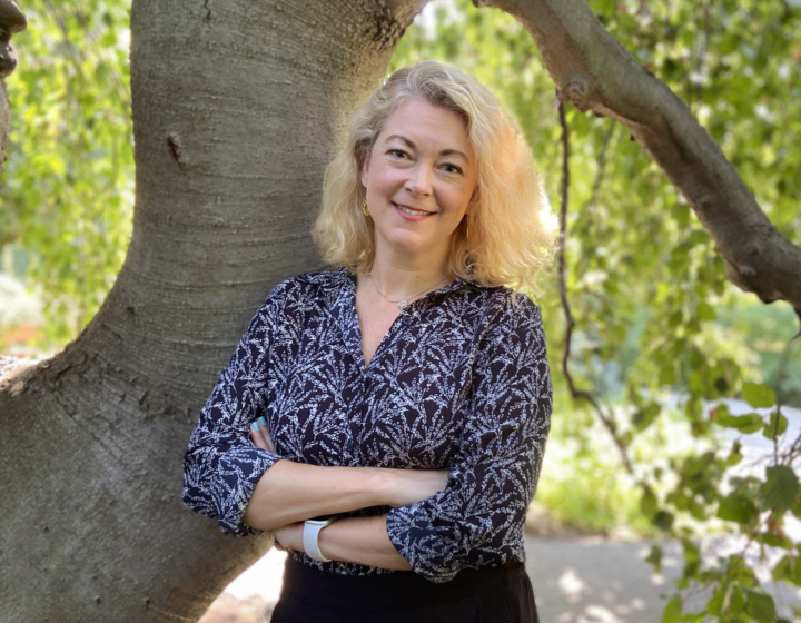 Murphy standing by a tree in the Ground Cover Garden
