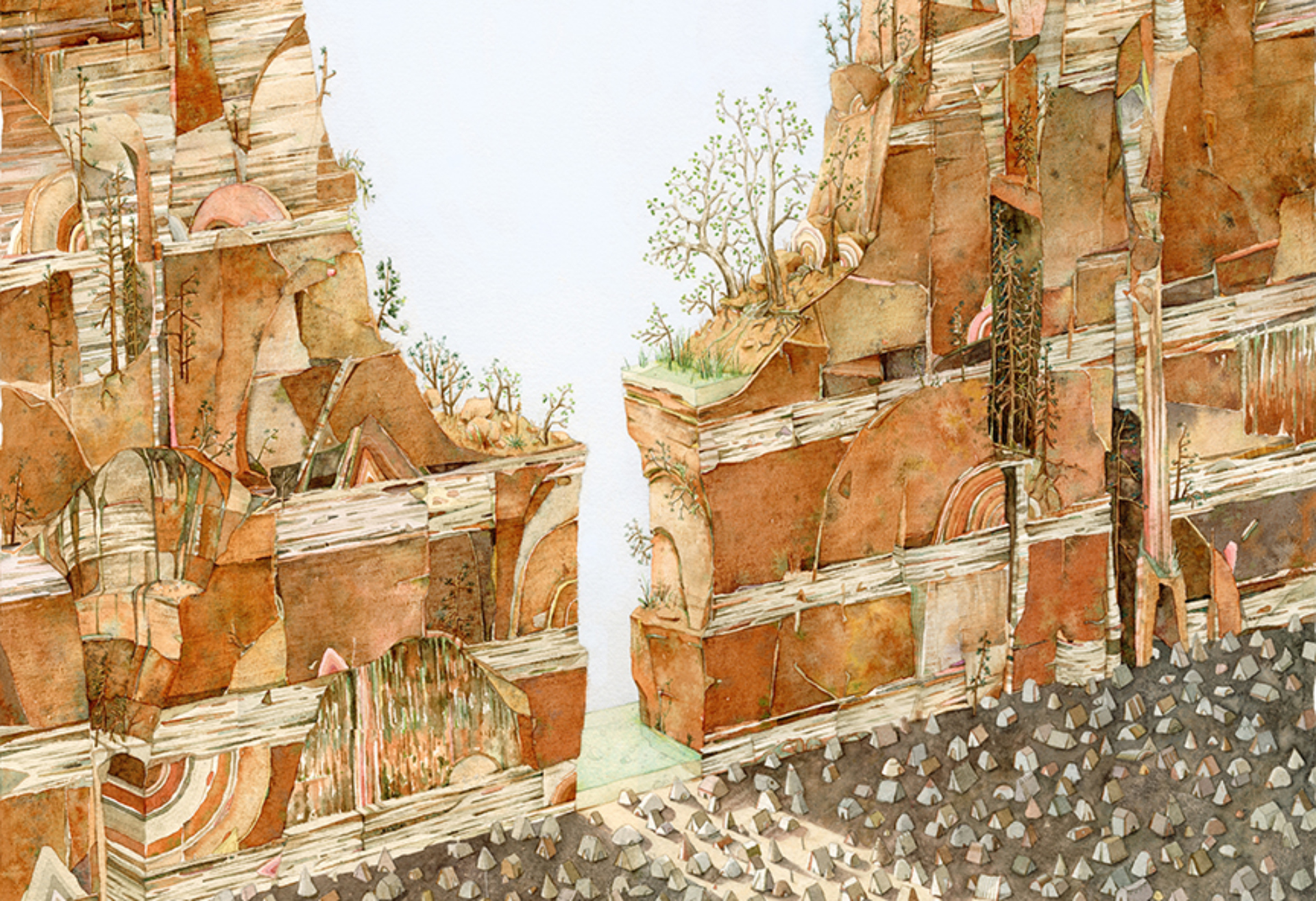 Watercolor painting of red rocks and trees by Bryce Lafferty