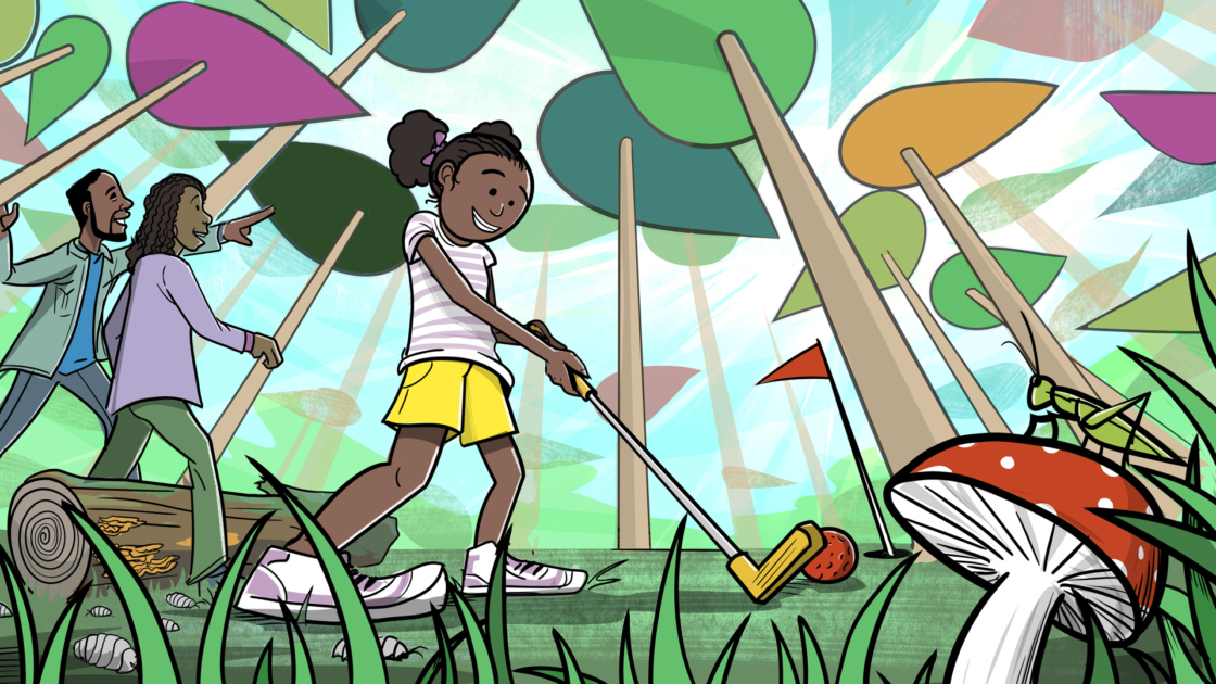 family playing mini golf with stylized trees and natural elements