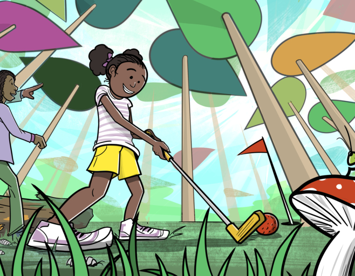 family playing mini golf with stylized trees and natural elements