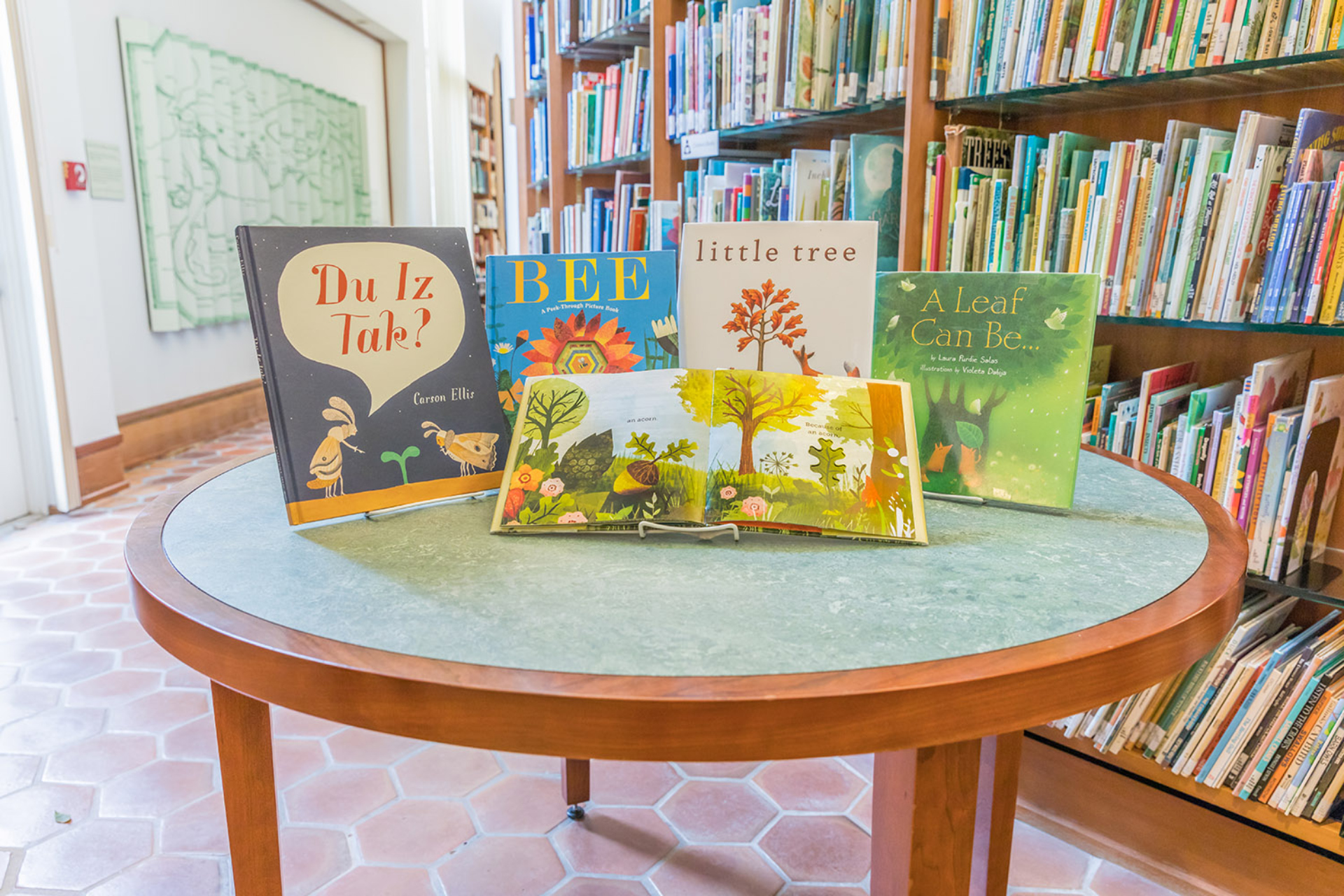 A grouping of Children's books on a table in the Sterling Morton Library.