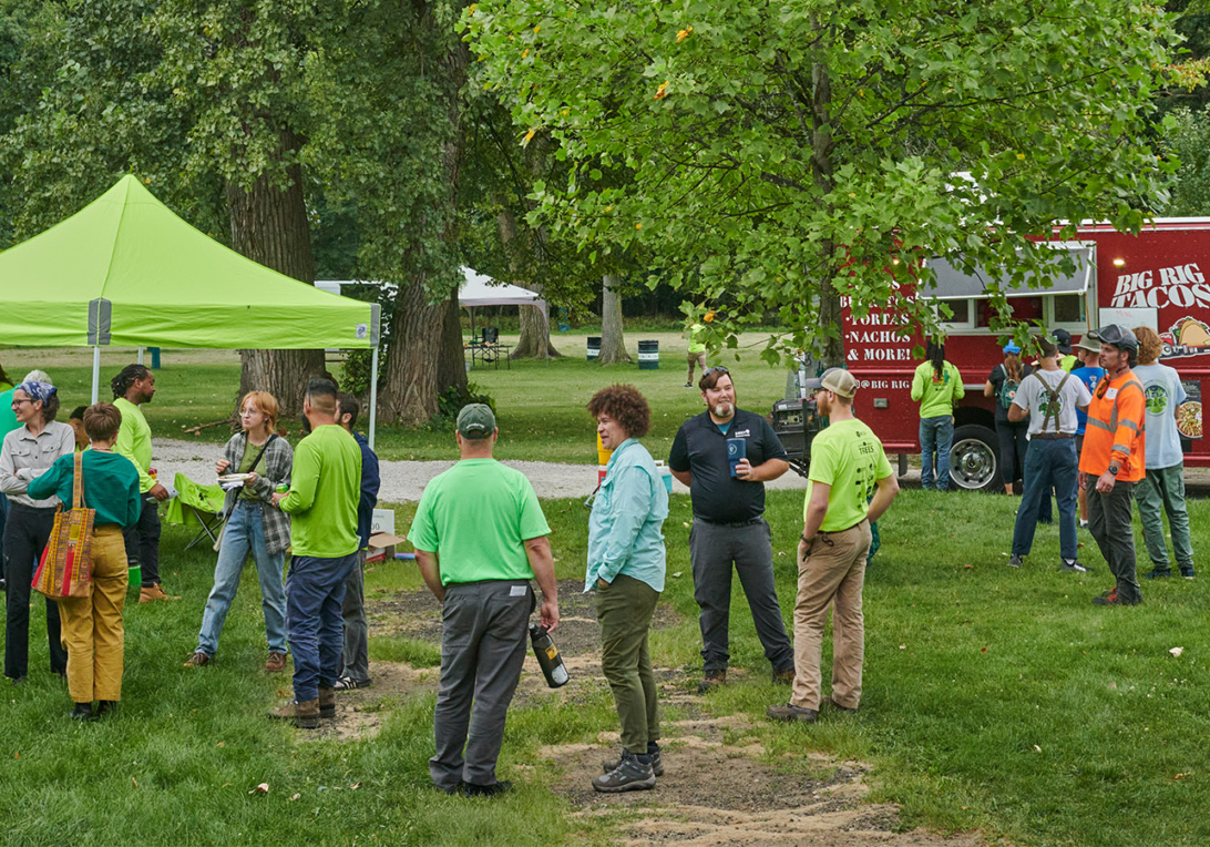 Photograph of the Trees and Tacos Arboricultural Career Fair hosted at Thatcher Woods in River Forest