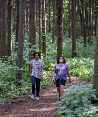 Photograph of two hikers walking a trail in the Spruce Plot at The Morton Arboretum