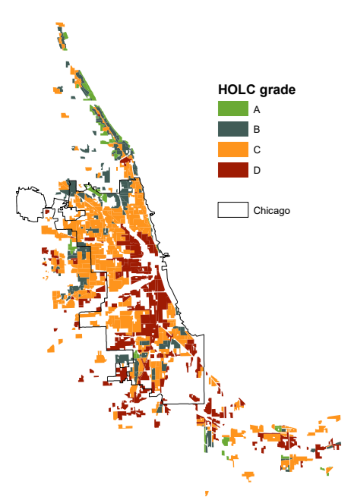 Graphic showing the map of the Chicago region by HOLC Neighborhood Grades.