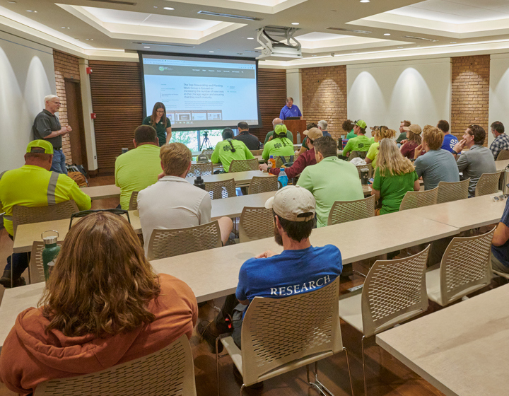 Photograph of a community tree network meeting held in the Cudahy Room in the Administration and Research Center at The Morton Arboretum