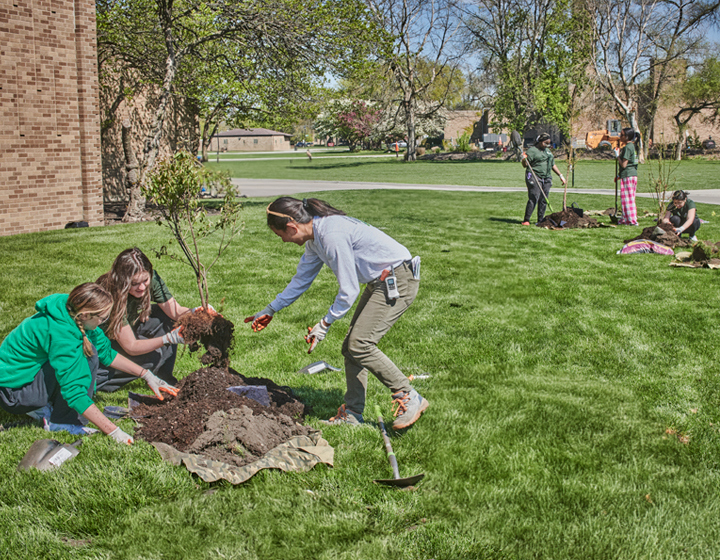 Photograph of a CRTI staff member assisting youth volunteers planting a tree