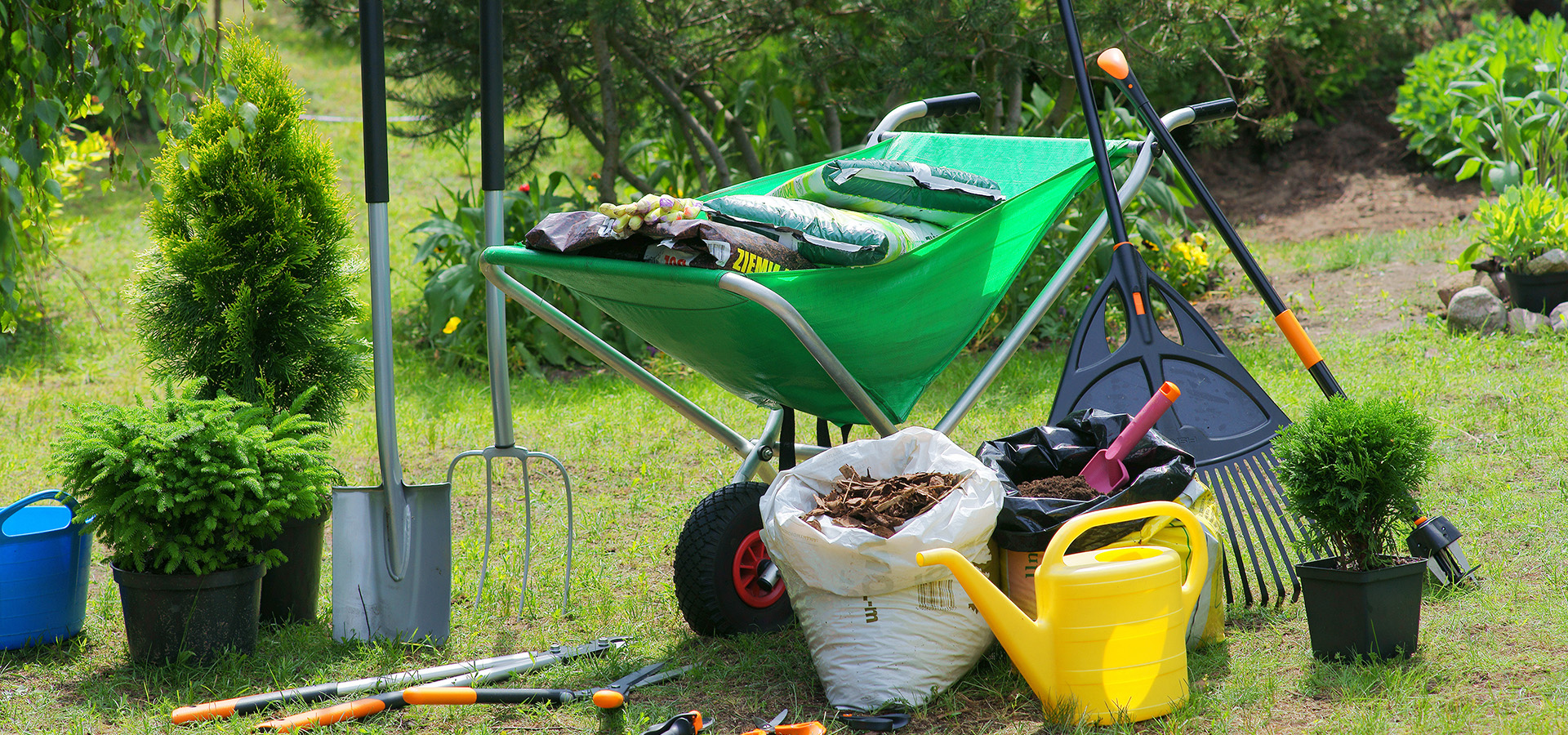 Photograph of tree planting equipment like a hard rake, mulch, a wheelbarrow, pitchfork, tree saplings, and watering cans