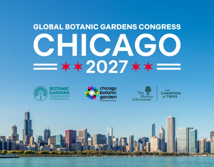 Promotional graphic for the Global Botanic Gardens Congress in Chicago 2027 featuring the Chicago skyline and the logos of BCGI, Chicago Botanic Gardens, and The Morton Arboretum