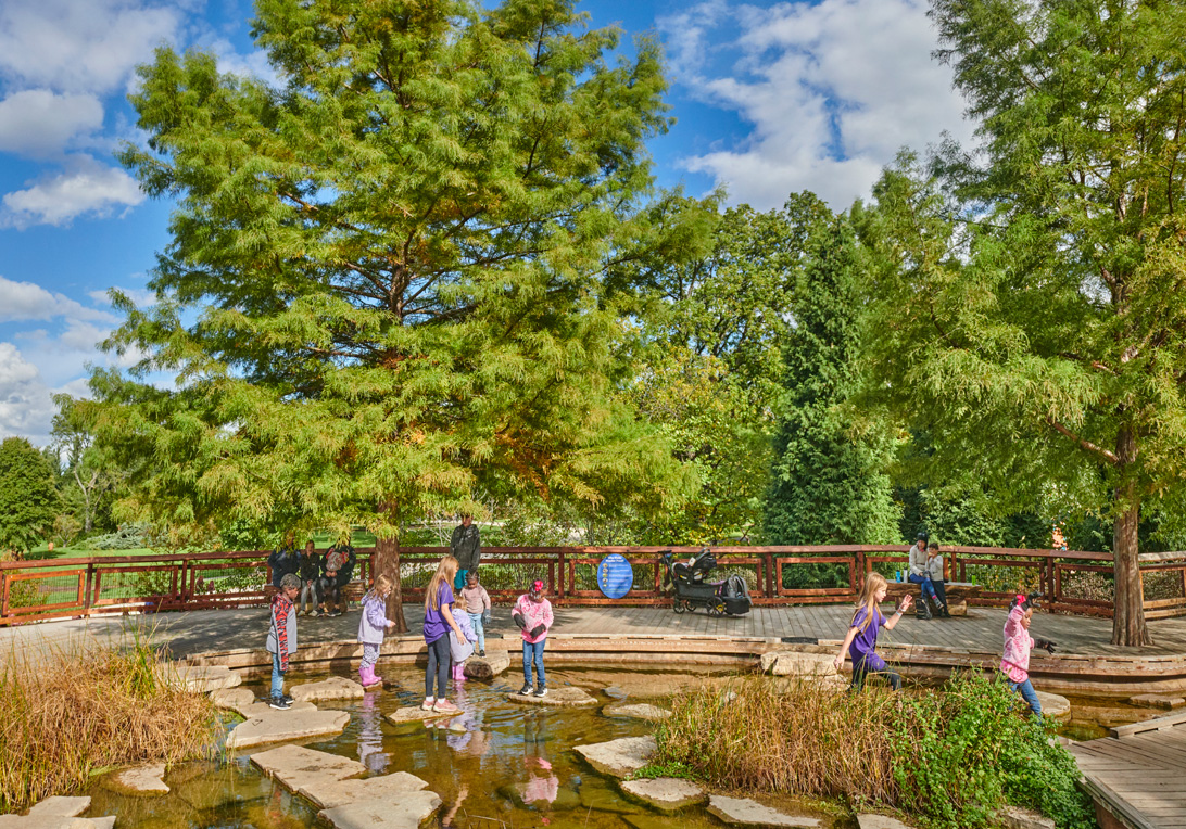 A photograph of children and families hopping on rocks at Wonder Pond in the Children's Garden at The Morton Arboretum