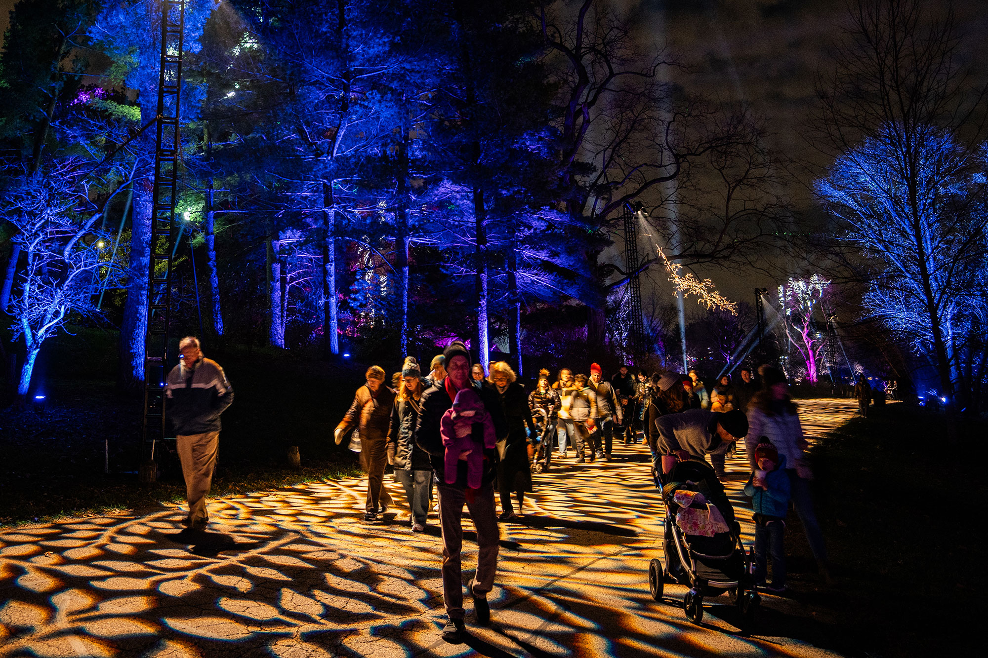Families enjoying one of the holiday light displays on the Illumination trail