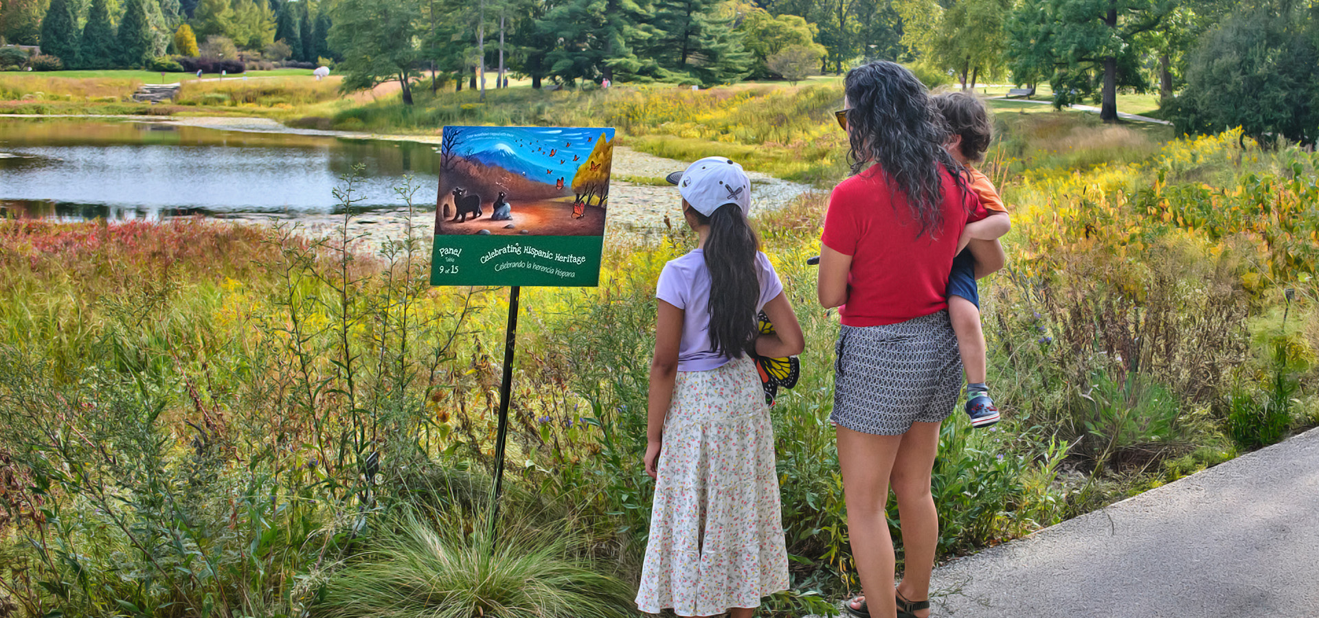 Family viewing a story walk at The Morton Arboretum's Meadow Lake