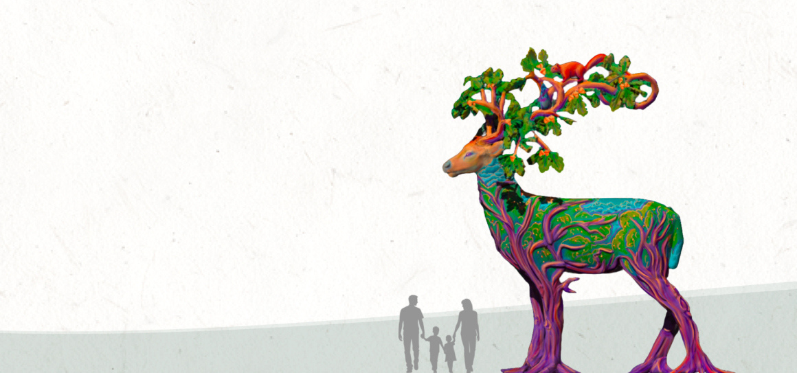 Artist's rendition of whimsical large-scale sculpture of a deer with human silhouettes to show scale