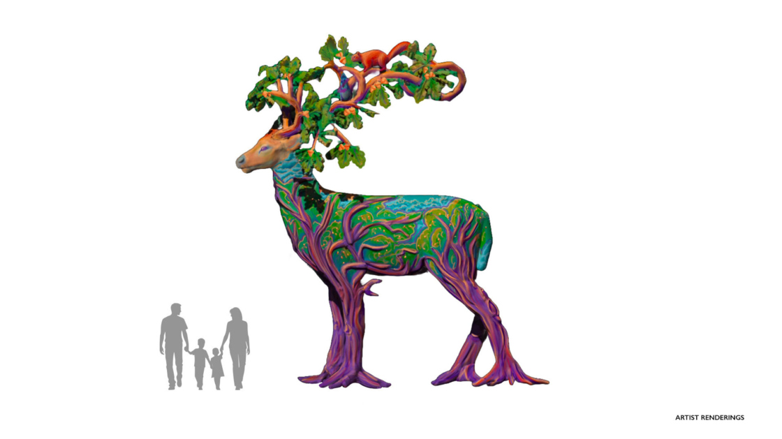 Artist's rendition of whimsical large-scale sculpture of a deer with human silhouettes to show scale