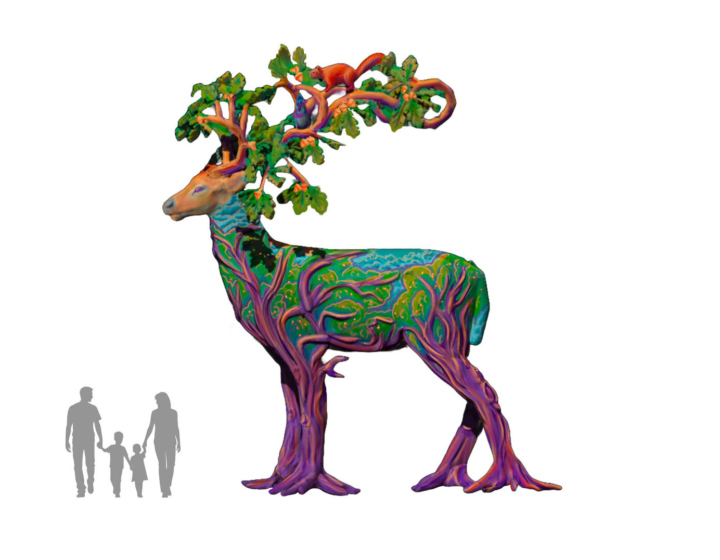 Artist's rendition of whimsical large-scale sculpture of a deer with human silhouettes to show scale