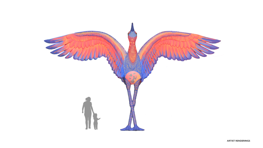 Artist's rendition of whimsical large-scale sculpture of a crane with human silhouettes to show scale