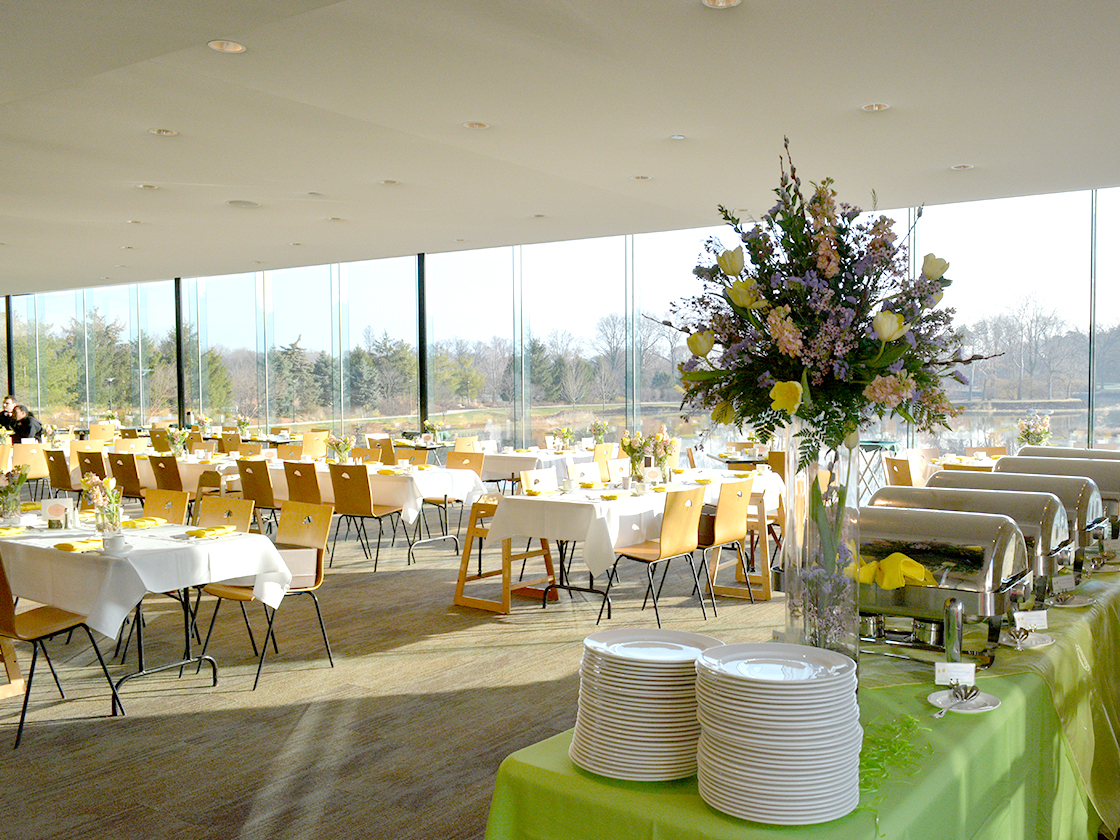 Tables and buffet for a private dining event in the Ginkgo Room