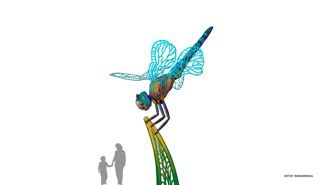 Artist's rendition of whimsical large-scale sculpture of a dragonfly with human silhouettes to show scale