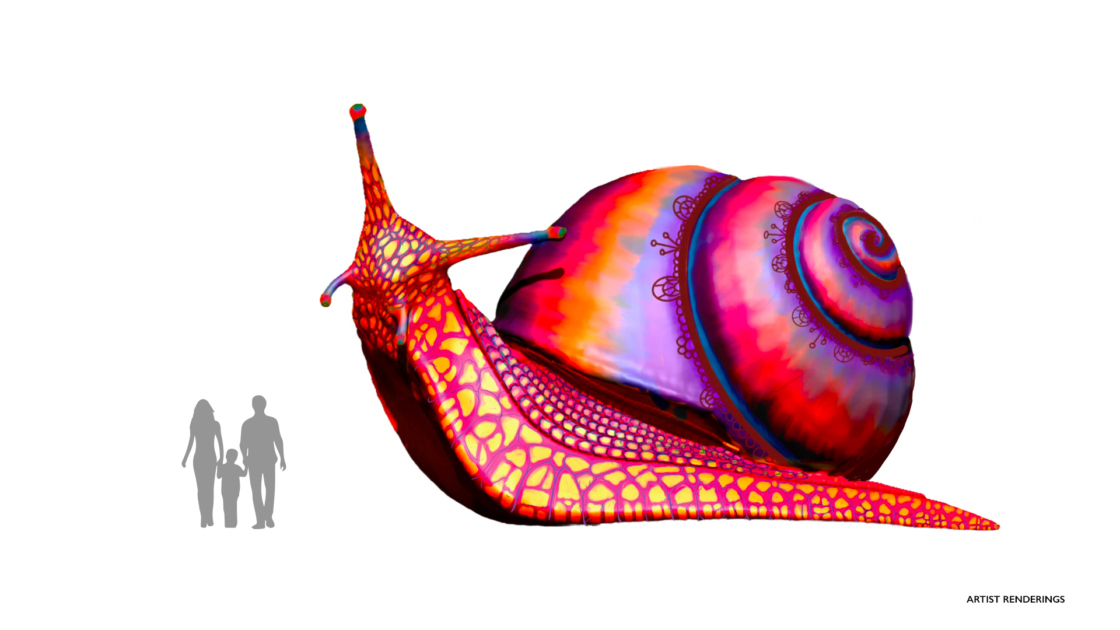 Artist's rendition of whimsical large-scale sculpture of a snail with human silhouettes to show scale