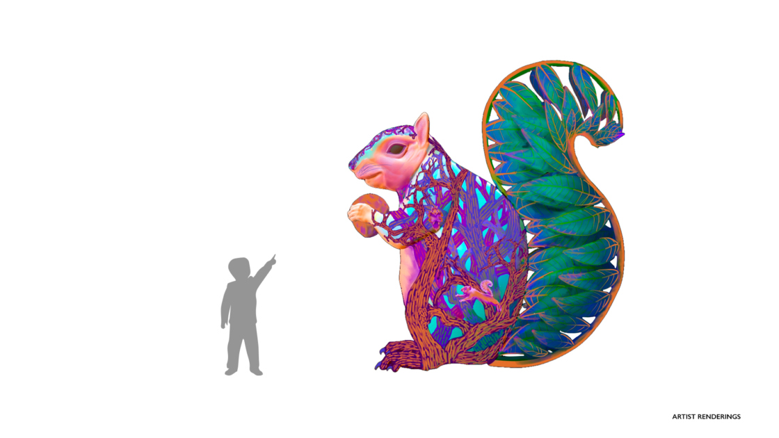 Artist's rendition of whimsical large-scale sculpture of a squirrel with child's silhouette to show scale