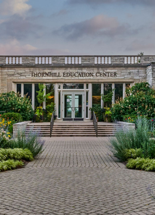 Photograph of the Thornhill Education Center's main entrance showing the Four Seasons Garden