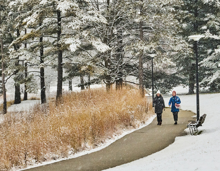 Photo of two hikers walking on a snowy day in winter at The Morton Arboretum
