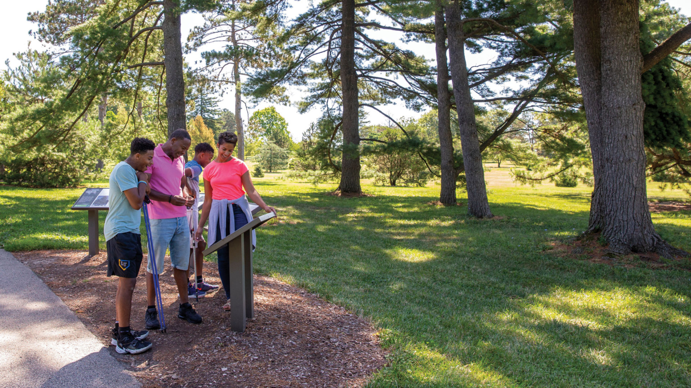 Family hikes through the conifer collection and reads the interpretation panel